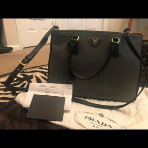 Prada Lux Saffiano Grey and Black Double Zip Tote